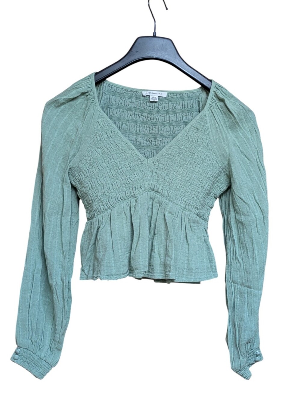 American Eagle Smocked Babydoll Long Sleeve Green Top Size Small - Picture 9 of 9